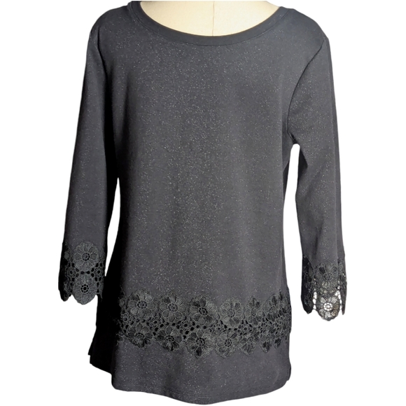 Talbot's Size Medium Black Detailed Lace Crew Neck - Picture 3 of 8